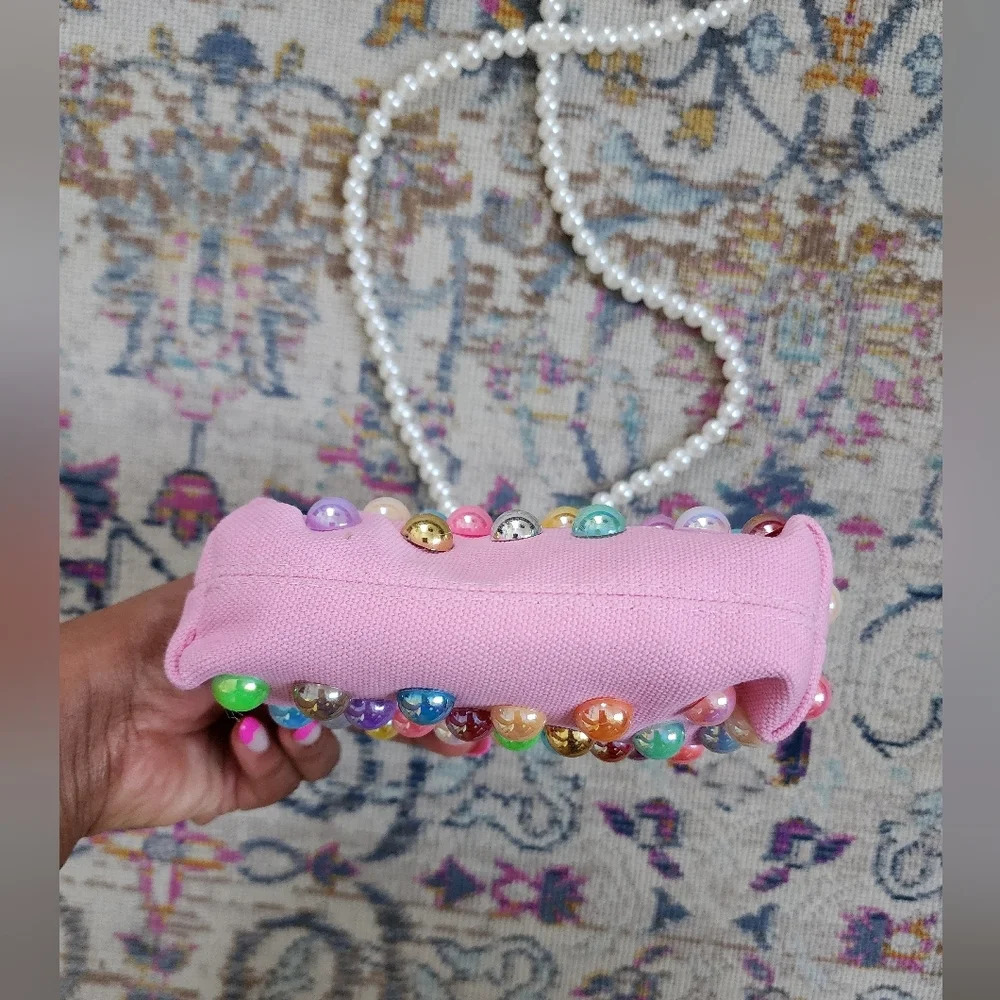 Pearl Handle Studded Crossbody Bag Pink Clutch Wooden Frame Kiss Lock NWOT - Picture 4 of 9